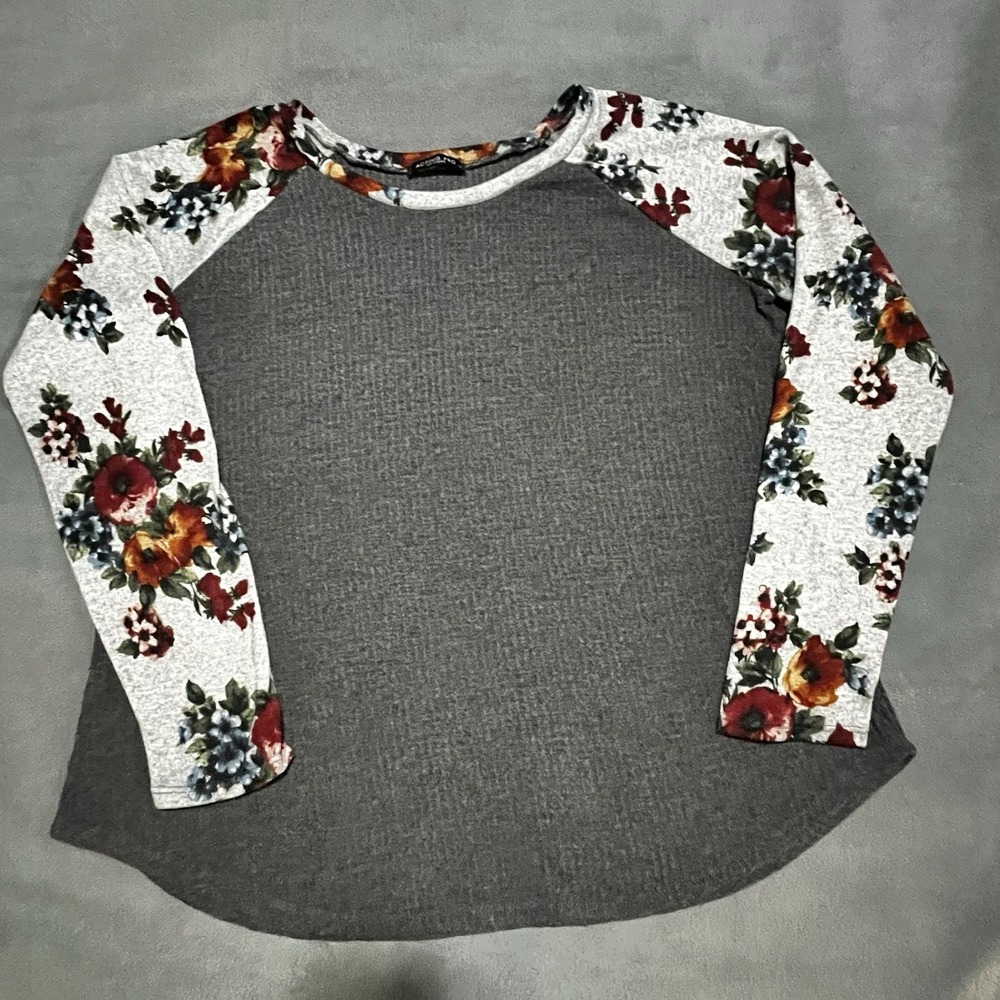 Women's Plus 2XL Acting Pro Charcoal Gray &‎ Floral Long Sleeve Top Shirt